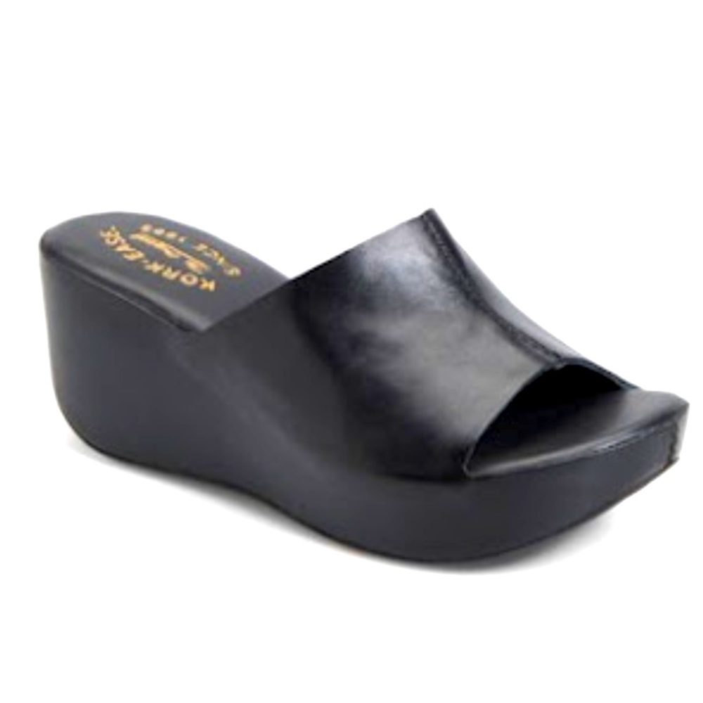 Kork Ease Greer Black Mule Slip On Wedge Sandal Open Toe Black Leather